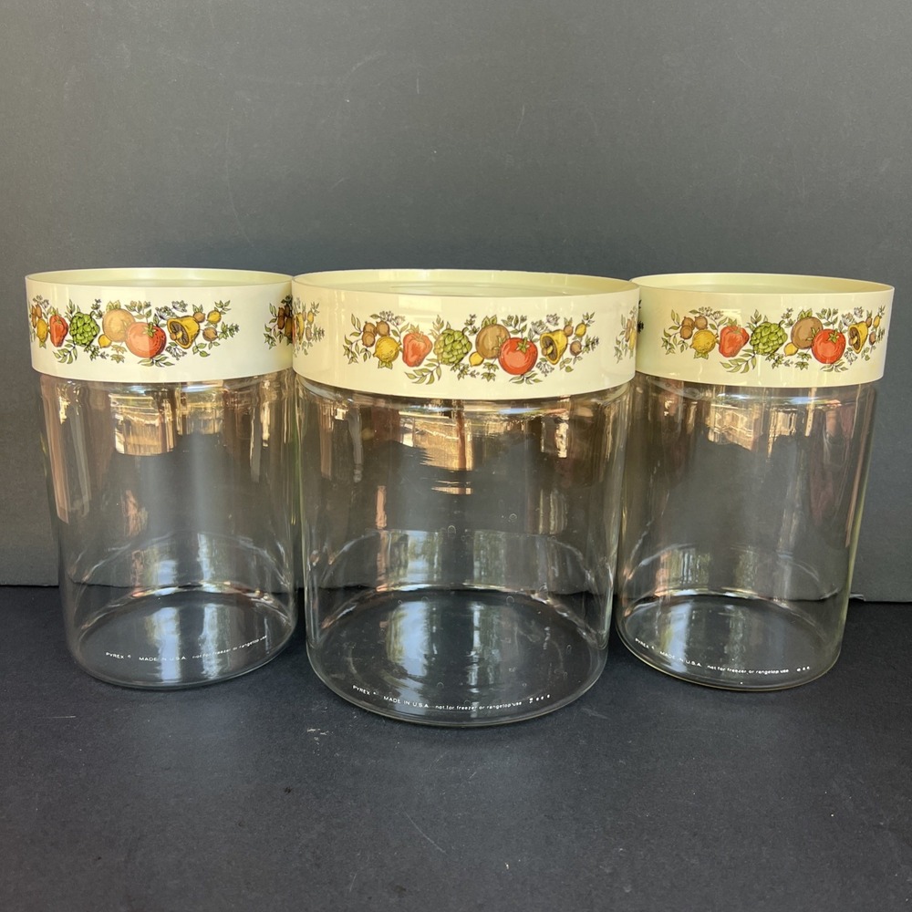 VTG Pyrex Spice O Life Store N See Canister Set of 3 Glass 1970s W/ Seals USA